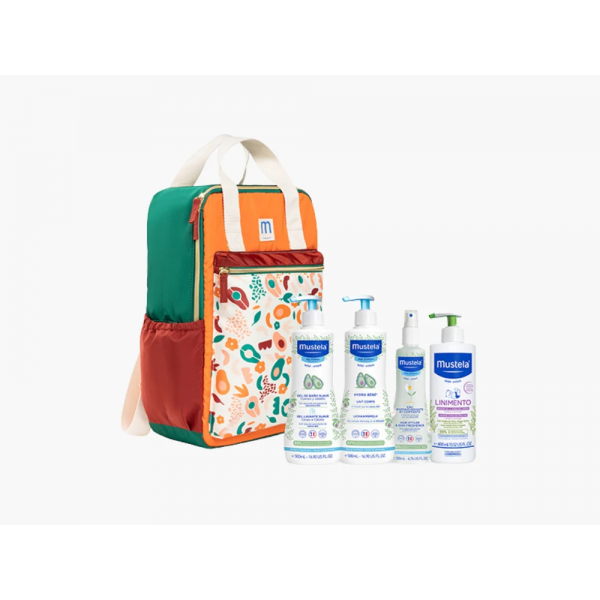 Mustela mochila family con gel de baño suave + hydra bebé leche corporal + linimento + agua para peinar