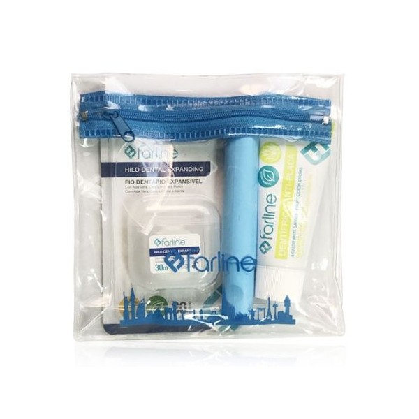 Farline Neceser Dental Viaje  Dentífrico Anti-Placa Menta Y Aloe Vera 30ml + Cepillo Dental De Viaje + Hilo Dental Expanding 30m